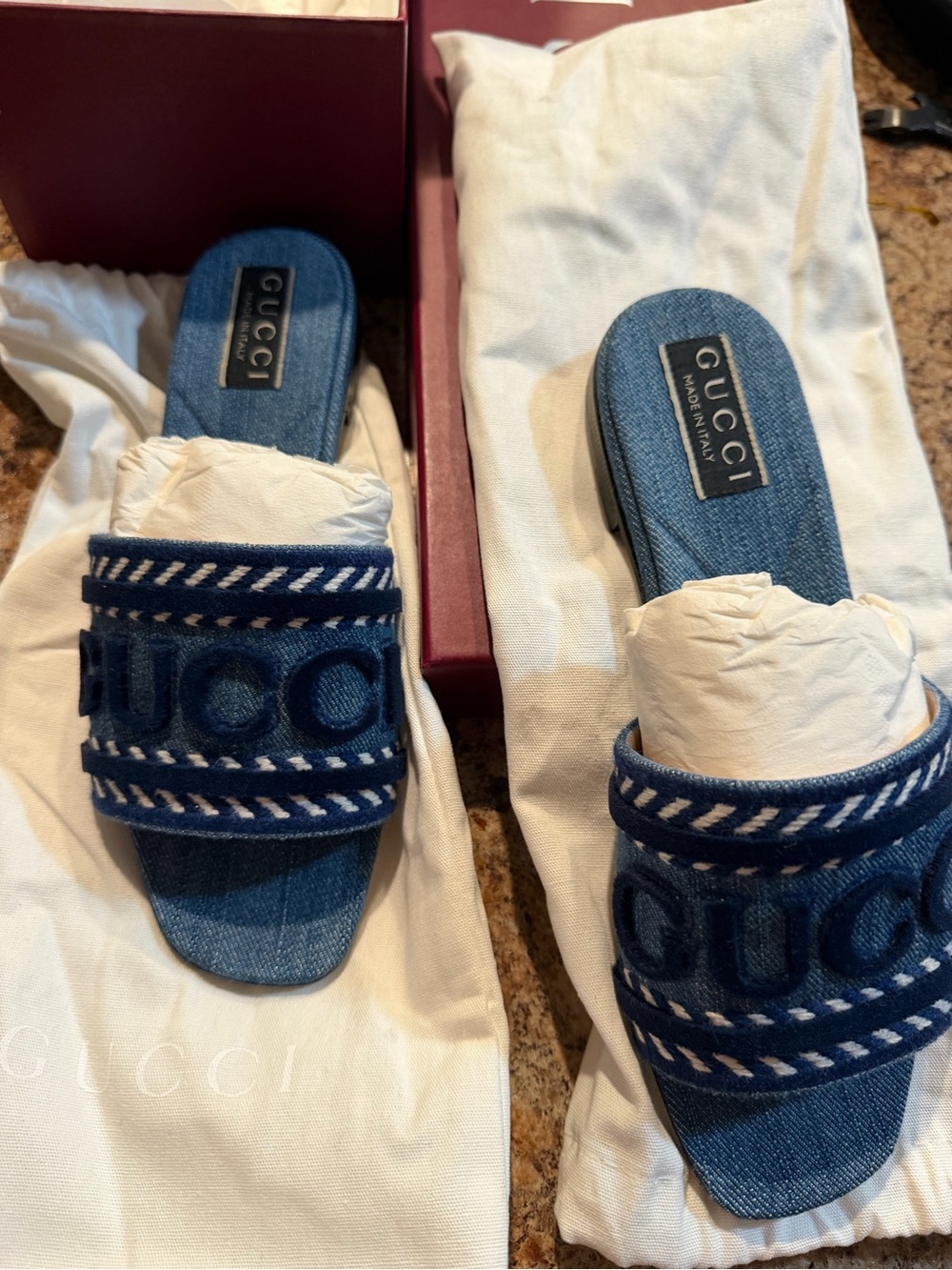 Gucci Denim Logo Slide Sandals in Blue